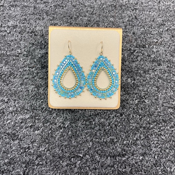 Blue and Gold Beaded Teardrop Earrings - Picture 4 of 4